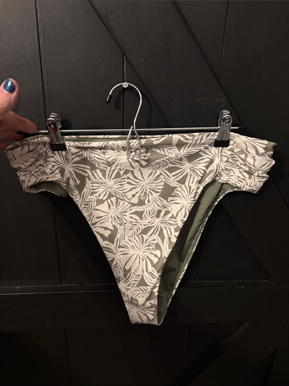 Olive Green Tropical Print Bikini Bottoms with Ruched Sides